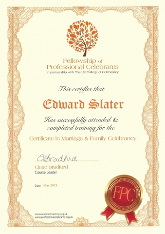 Certificate awarded for weddings from the FPC